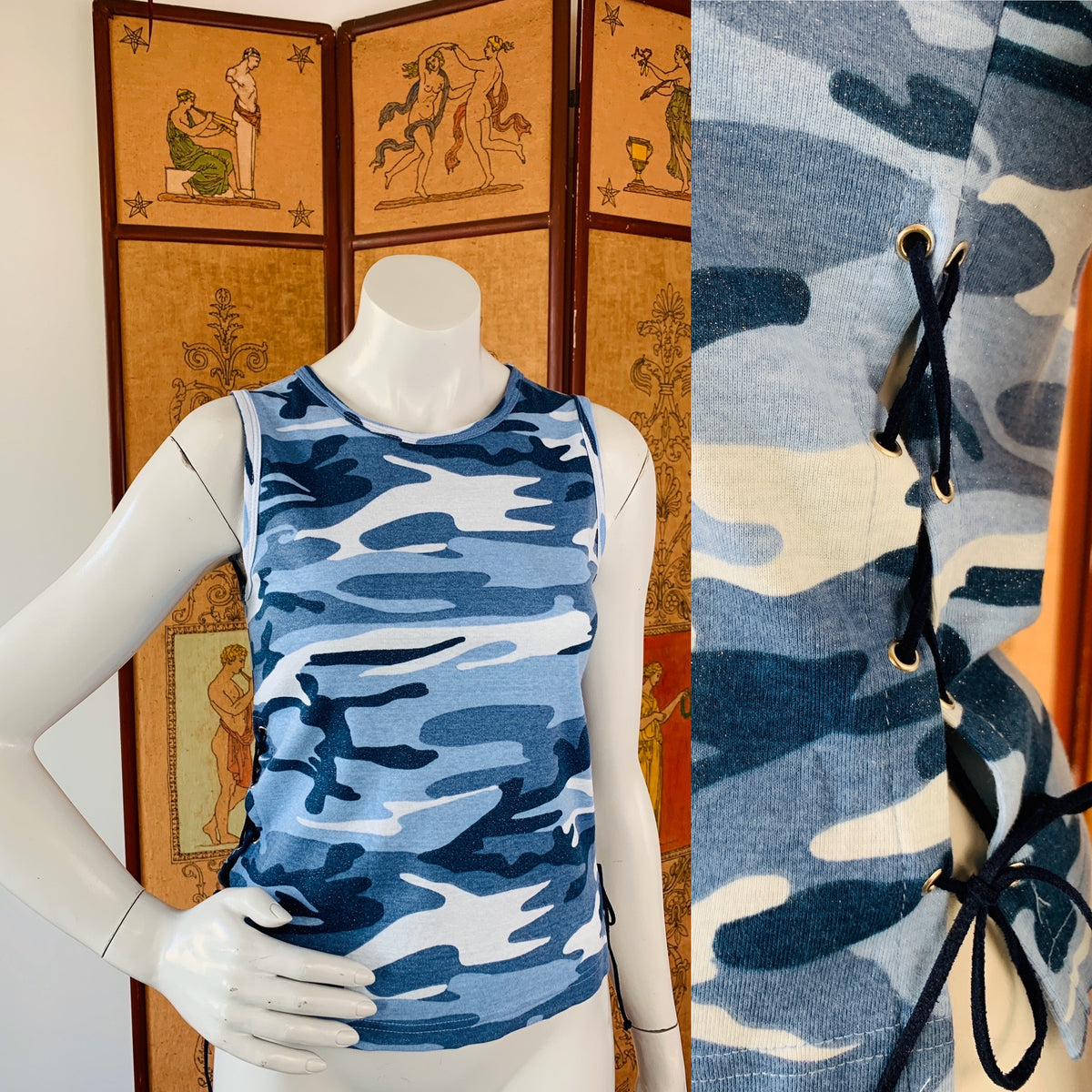 Blue Glitter Y2K Camo Print Top with Lace Up Sides — vintage 2000s top in blue