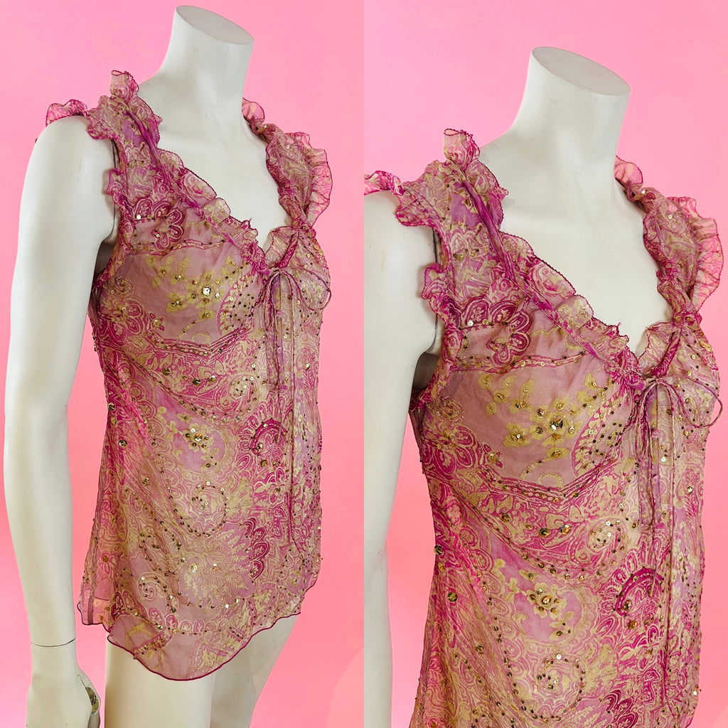 Diane Von Furstenberg Pink Silk Sheer Gold Sequin Tunic — vintage Diane Von Furstenberg caftan in pink, gold