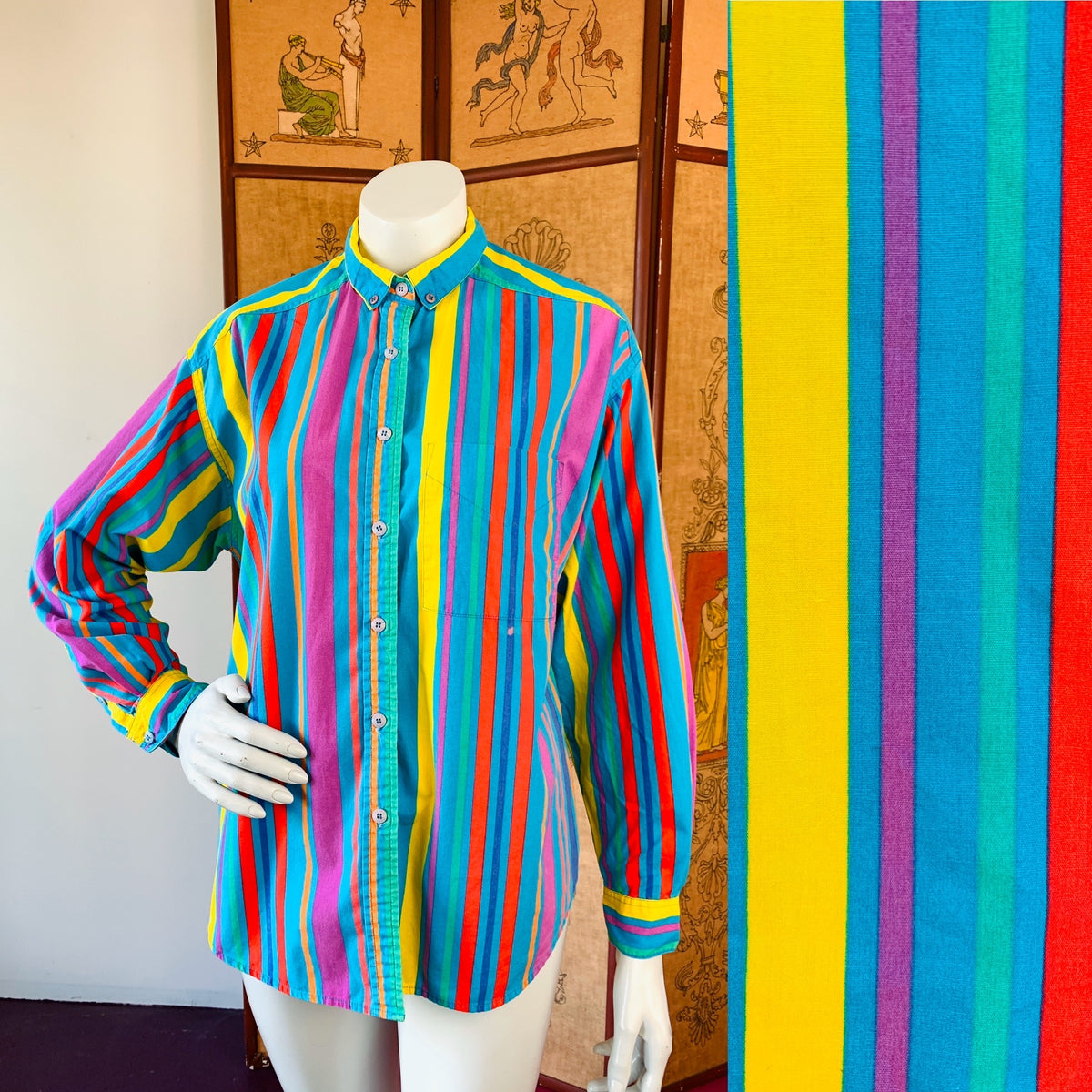 Striped Esprit Sport 90s Colorful Long Sleeve Button Up Shirt — vintage 1990s top in blue, multicolour