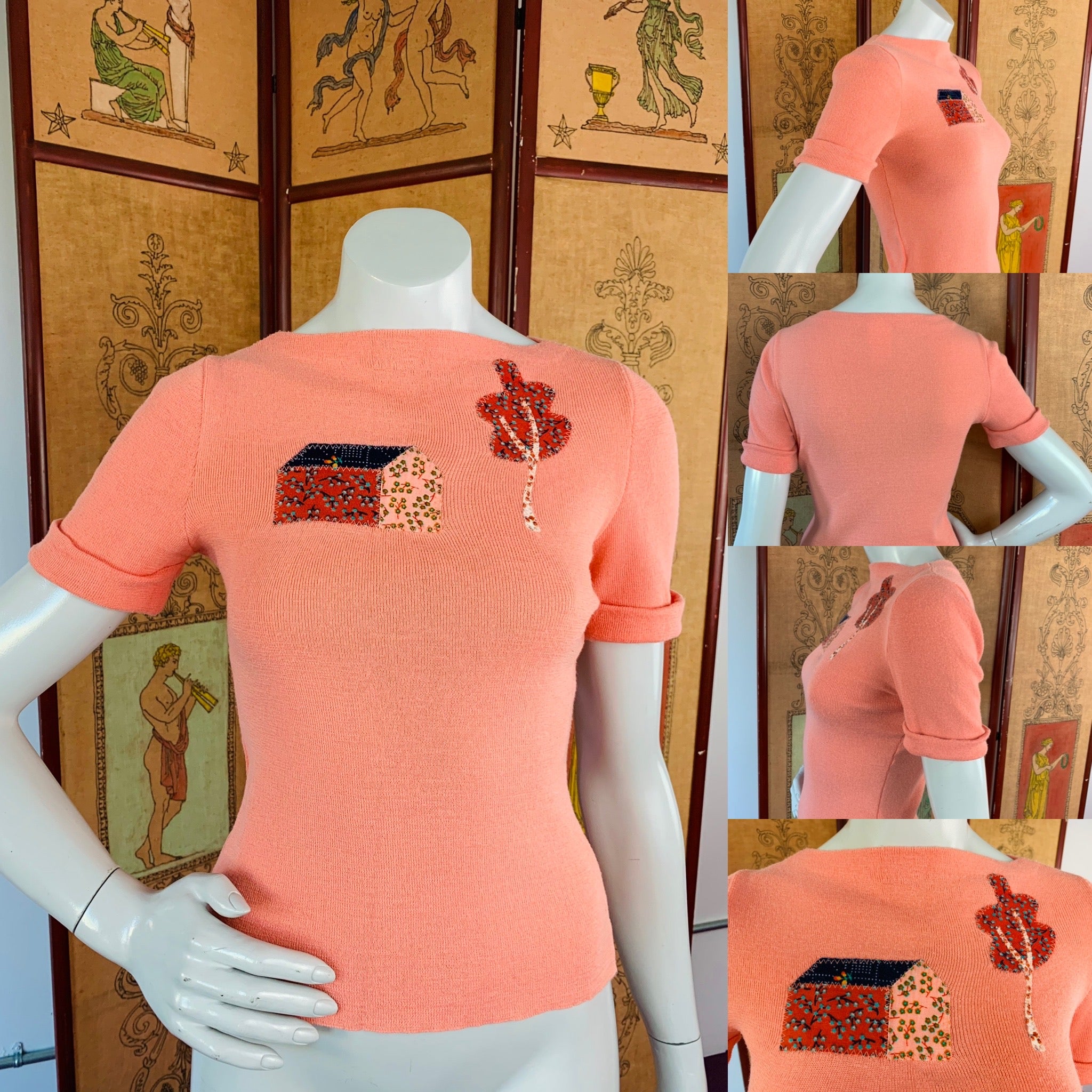 Peach 70s Folksy Knit T-Shirt — vintage 1970s top in orange