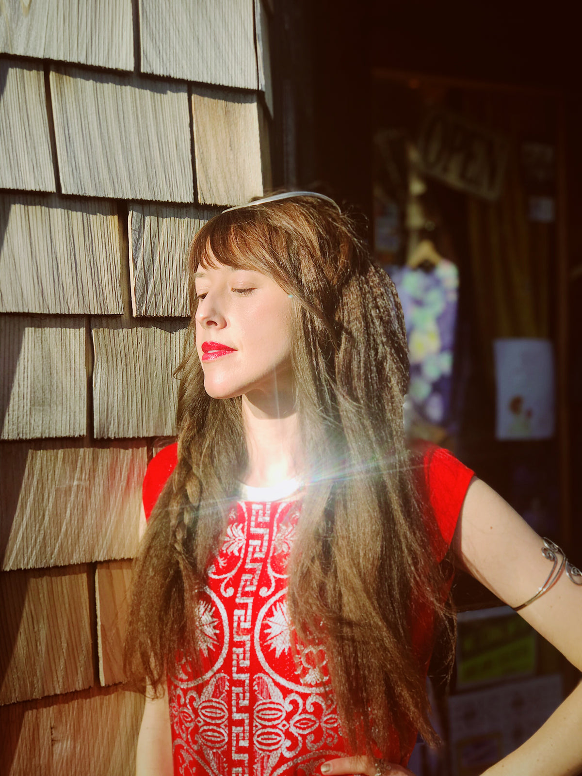 Angelic Red Silver Print Maxi Dress. Sold exclusively at Empress Vintage in Berkeley, CA.