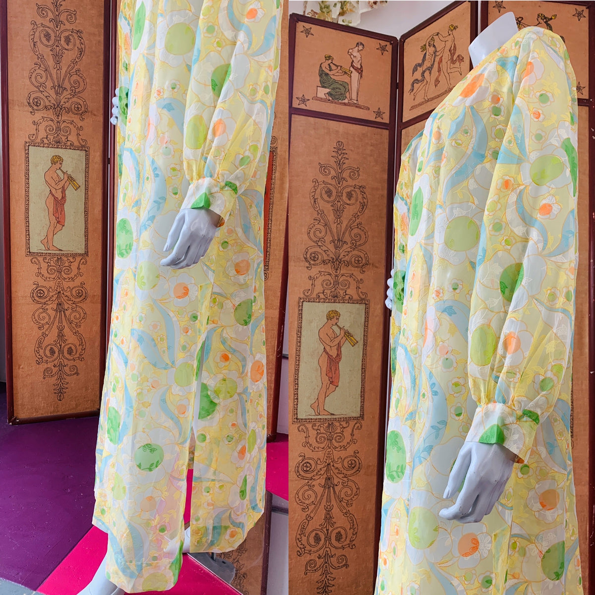 Psychedelic Sheer Flocked 1970s Duster — vintage 1970s caftan in multicolour