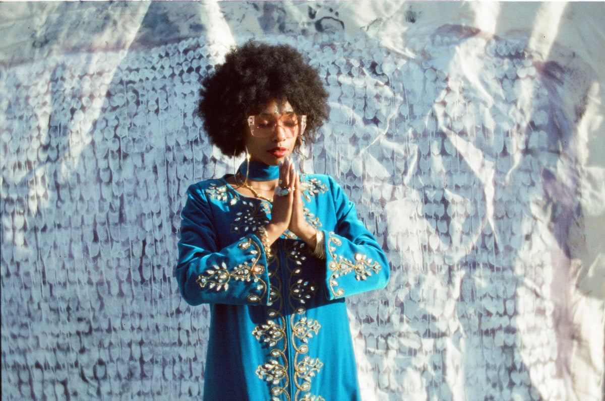 Turquoise High Priestess 1960s Bejeweled Velvet Caftan — vintage 1960s Malouf Design caftan in blue
