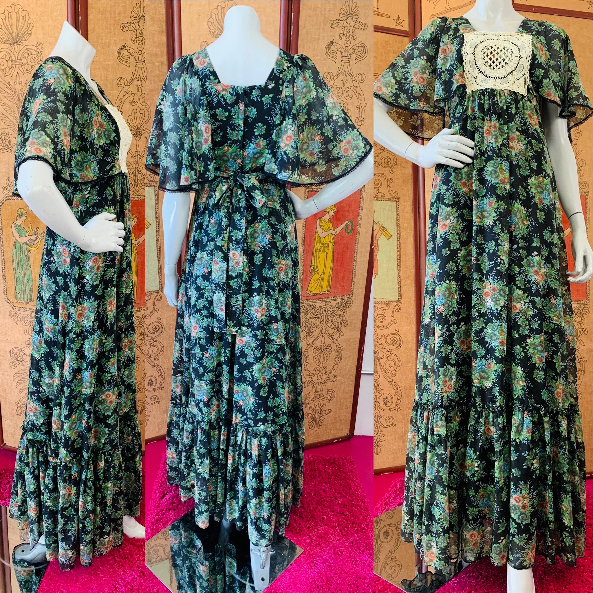 Crochet Detailed 1970s Midnight Floral Flutter Sleeve Maxi Dress — vintage 1970s Candi Jones dress in black