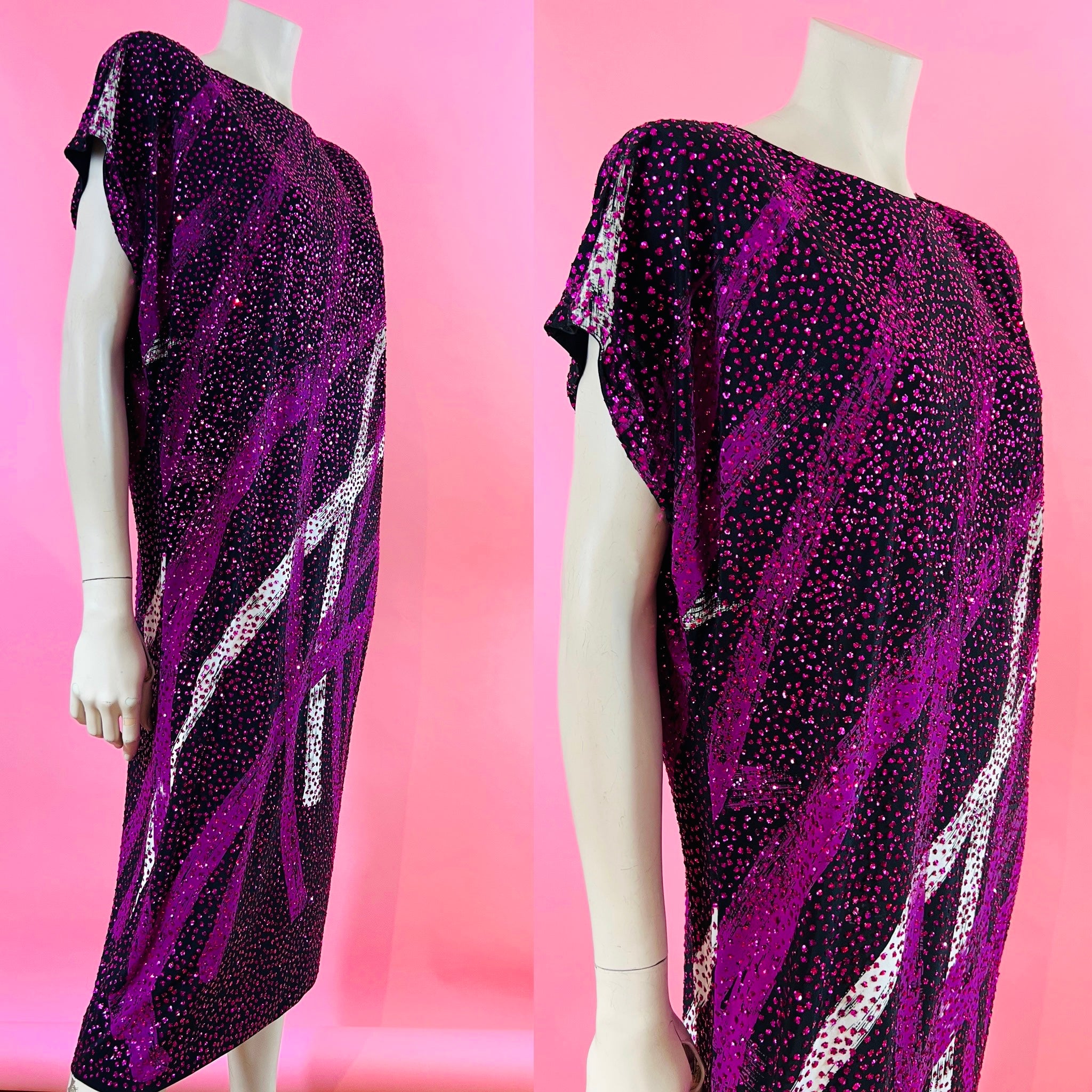 Magenta Glitter Saks Fifth Avenue 70s Disco Caftan — vintage 1970s Saks Fifth Avenue caftan in pink