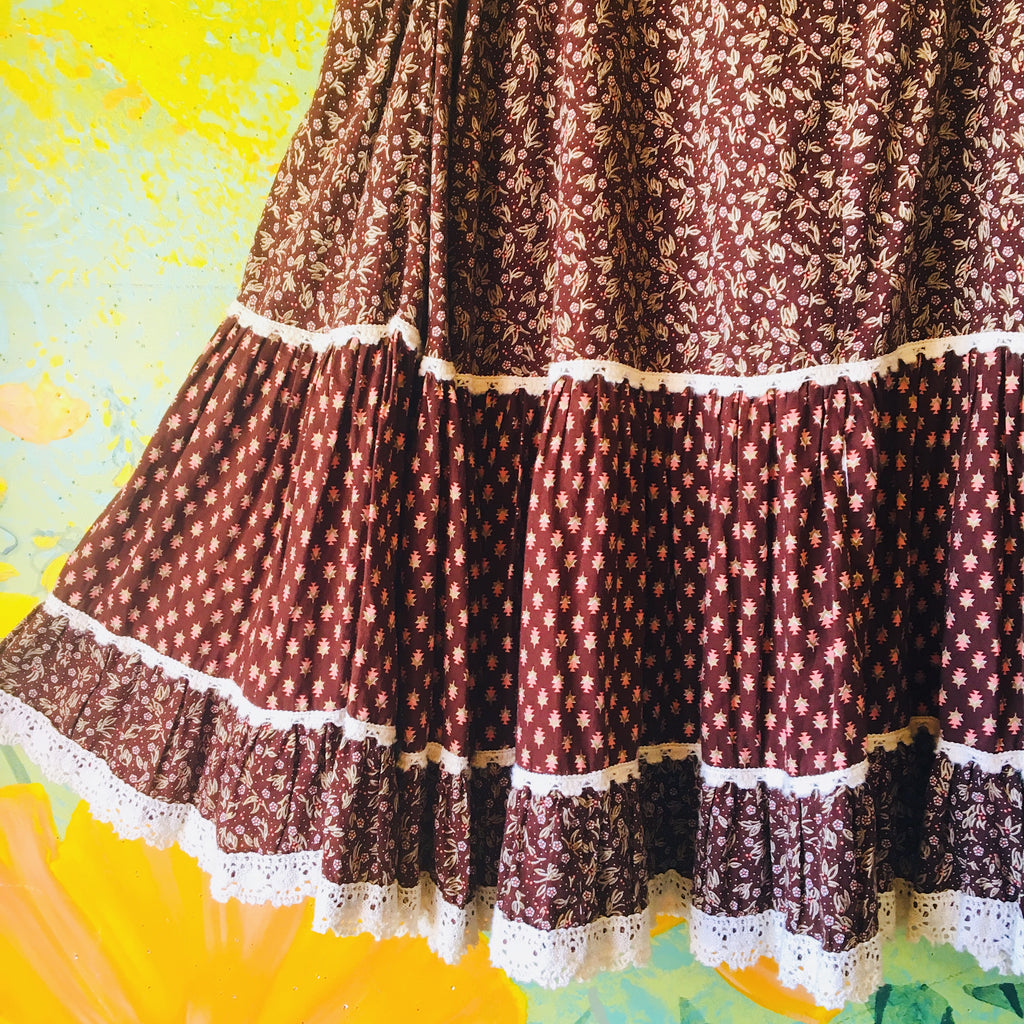 Earth Tone Gunne Sax 1970's Prairie Skirt — vintage 1970s Gunne Sax bottoms in brown