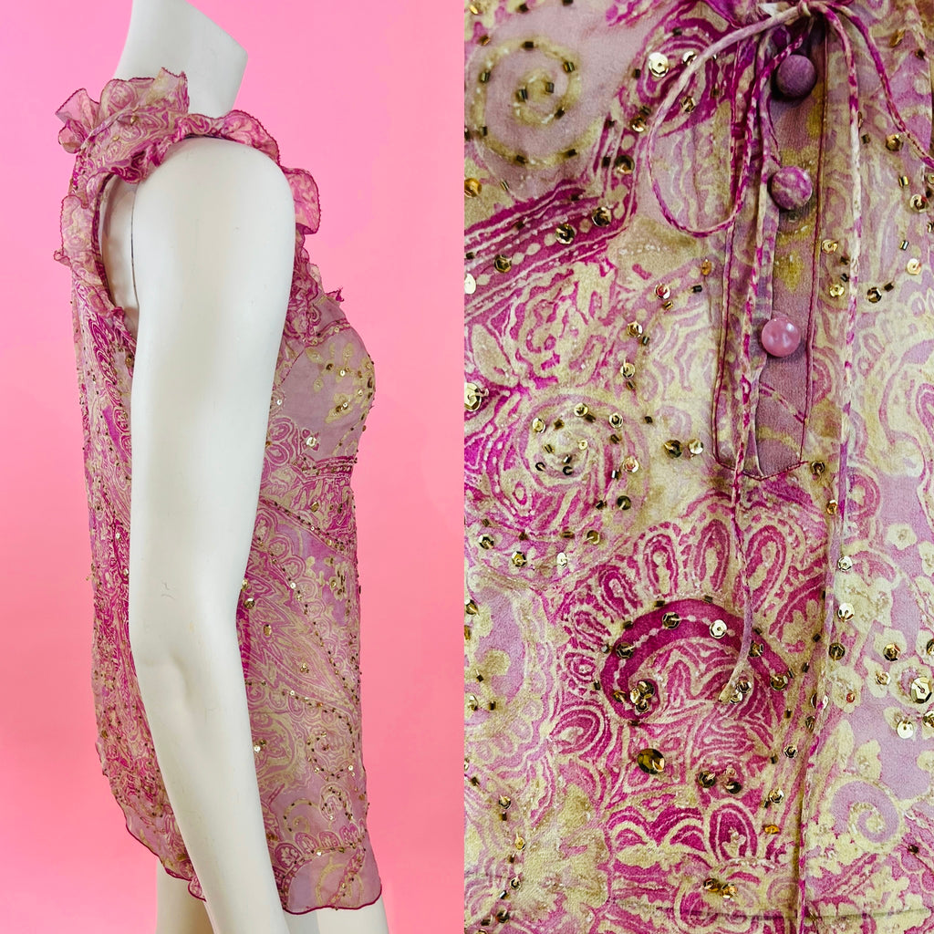 Diane Von Furstenberg Pink Silk Sheer Gold Sequin Tunic — vintage Diane Von Furstenberg caftan in pink, gold