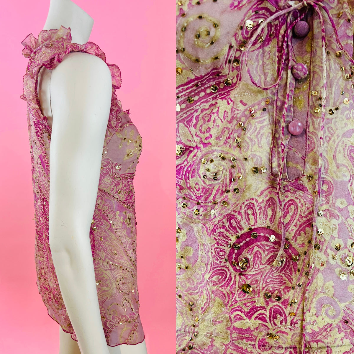 Diane Von Furstenberg Pink Silk Sheer Gold Sequin Tunic — vintage Diane Von Furstenberg caftan in pink, gold