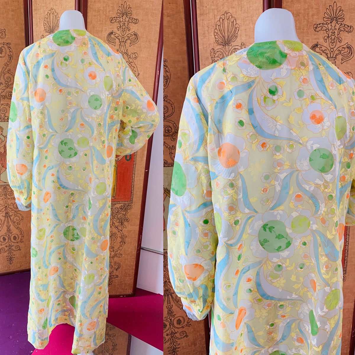 Psychedelic Sheer Flocked 1970s Duster — vintage 1970s caftan in multicolour