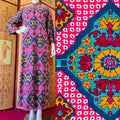 Gorgeous vintage pink block print caftan made in Thailand available now.