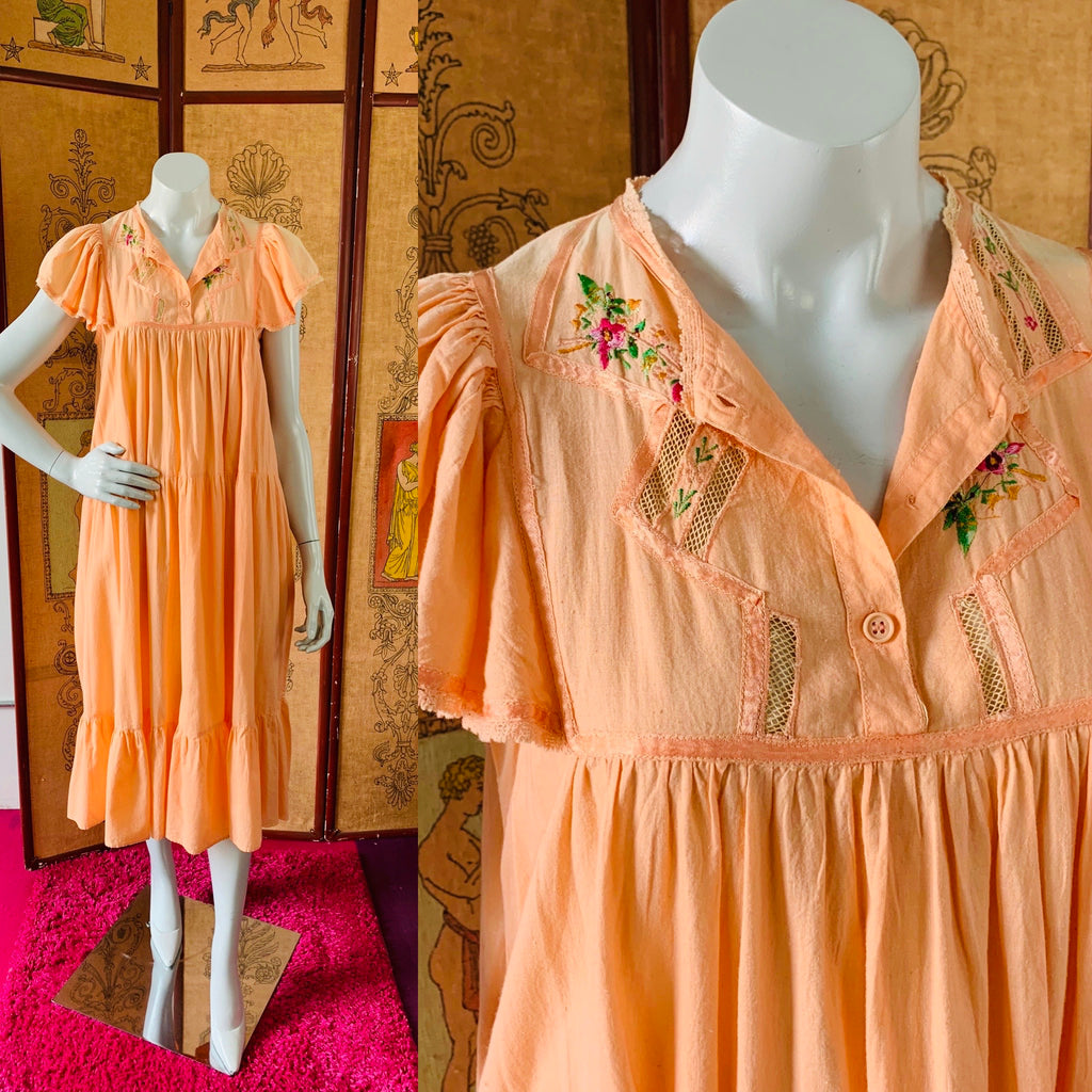 Peach Indian Cotton Embroidered Dress — vintage dress in orange