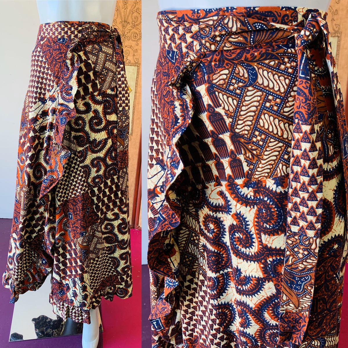 Indonesian Ruffle Maxi Wrap Skirt — vintage bottoms