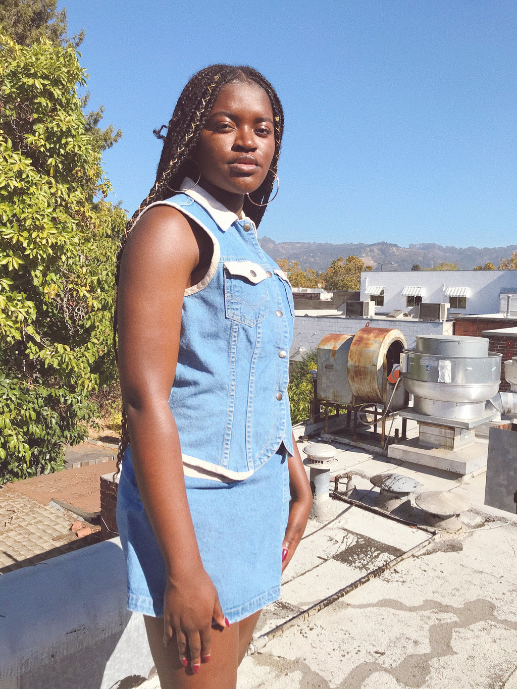 Two Piece Denim Set Skort & Snap Up Top — vintage 1990s top in blue