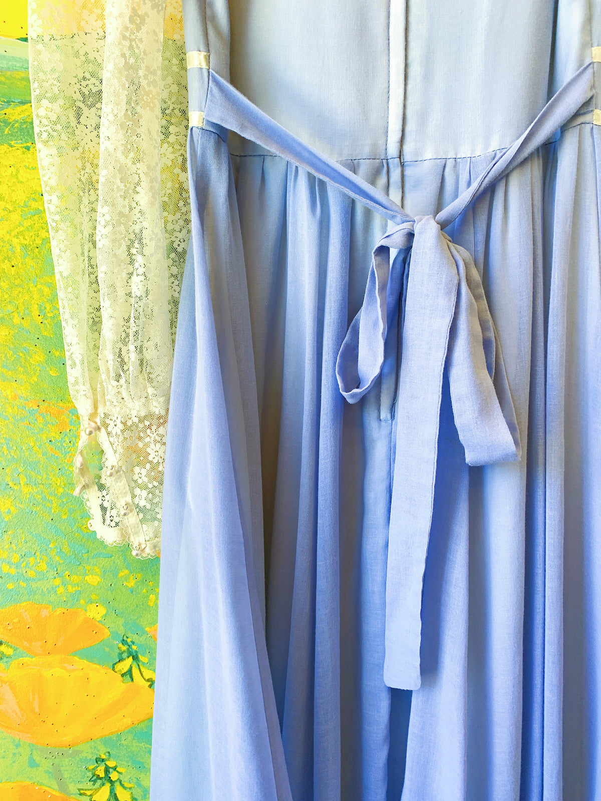 Powder Blue Lace Gunne Sax Long Sleeve Maxi Dress — vintage Gunne Sax dress in blue