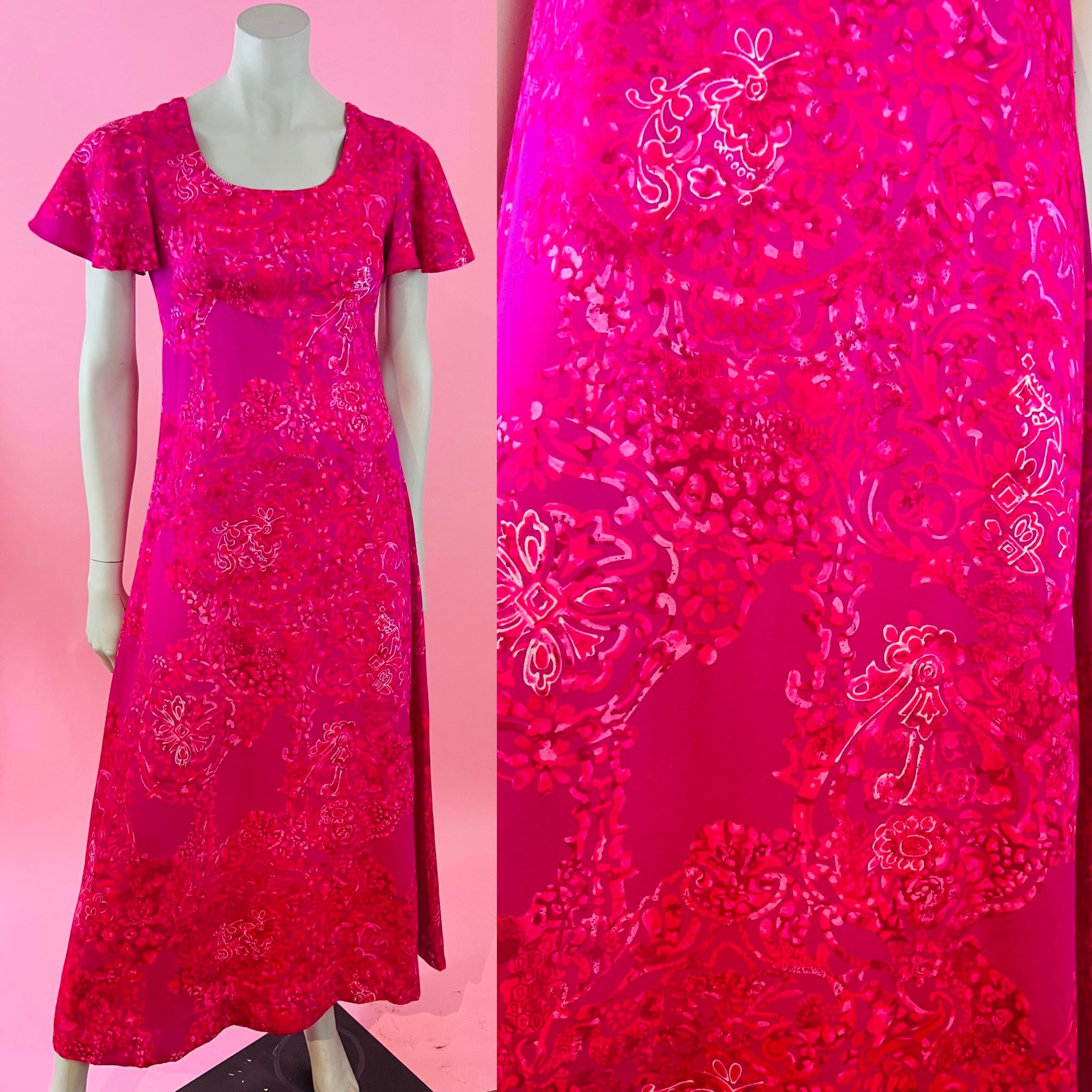 Hot Pink 60s/70s Flutter Sleeve Hawaiian Maxi Dress — vintage 1960s Sa-Ne dress in pink