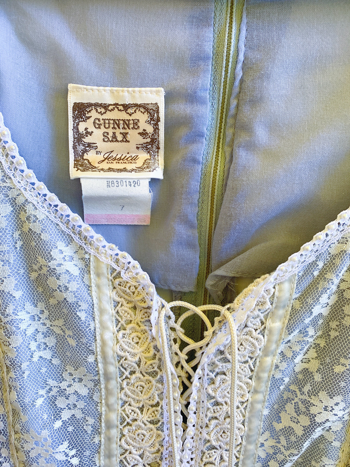 Powder Blue Lace Gunne Sax Long Sleeve Maxi Dress — vintage Gunne Sax dress in blue