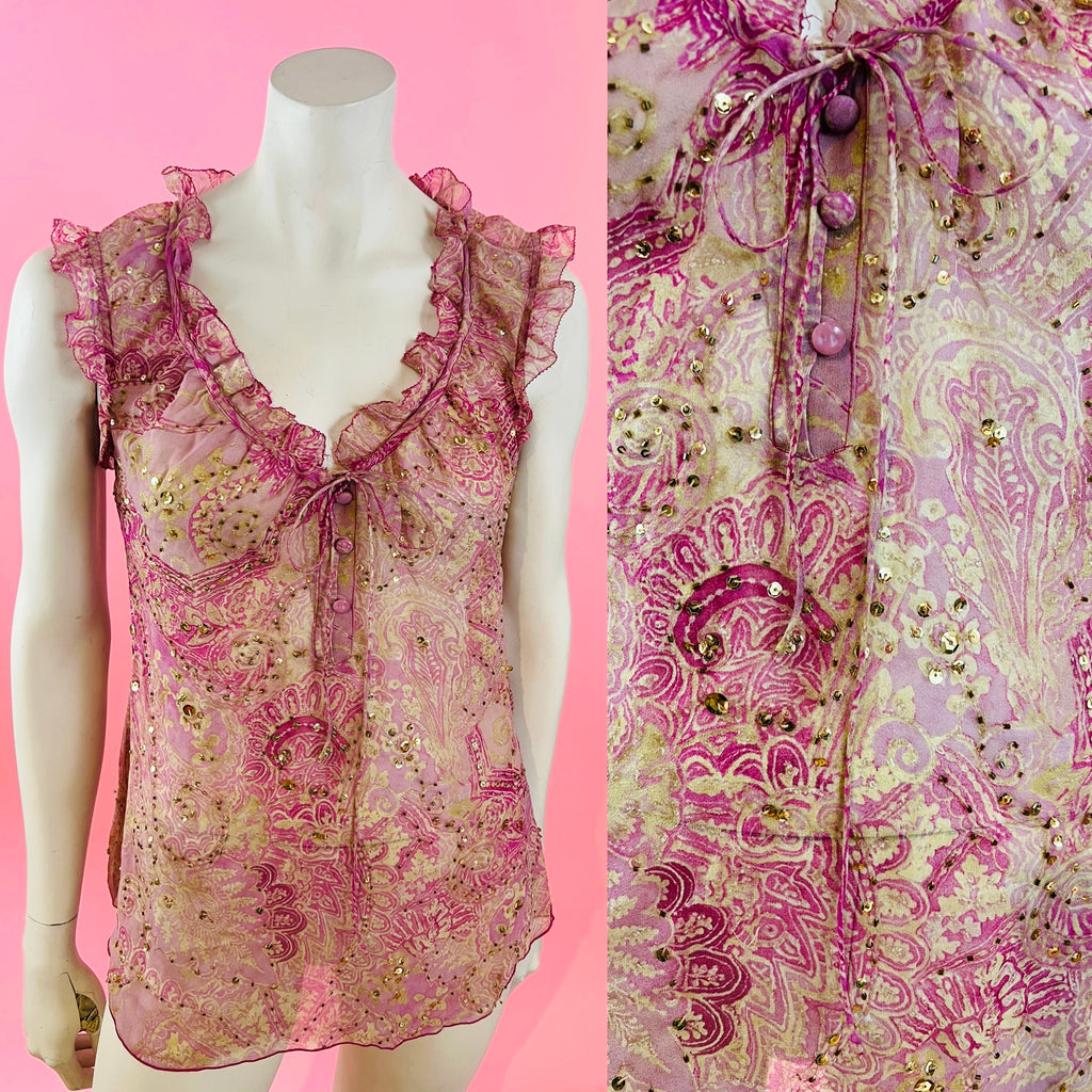 Diane Von Furstenberg Pink Silk Sheer Gold Sequin Tunic — vintage Diane Von Furstenberg caftan in pink, gold