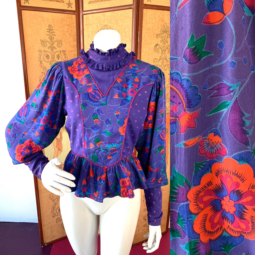 Purple Floral Poet Sleeve Blouse Made in India — vintage 1980s MicheL top in purple