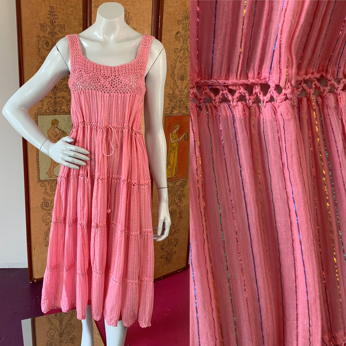 Indian Cotton Gauze Crochet Pink Dress with Rainbow Metallic Threads — vintage Sameer dress in pink, multicolour