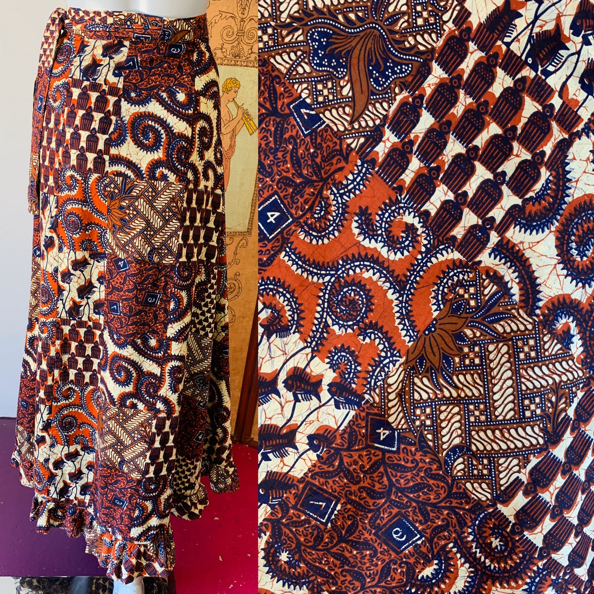 Indonesian Ruffle Maxi Wrap Skirt — vintage bottoms