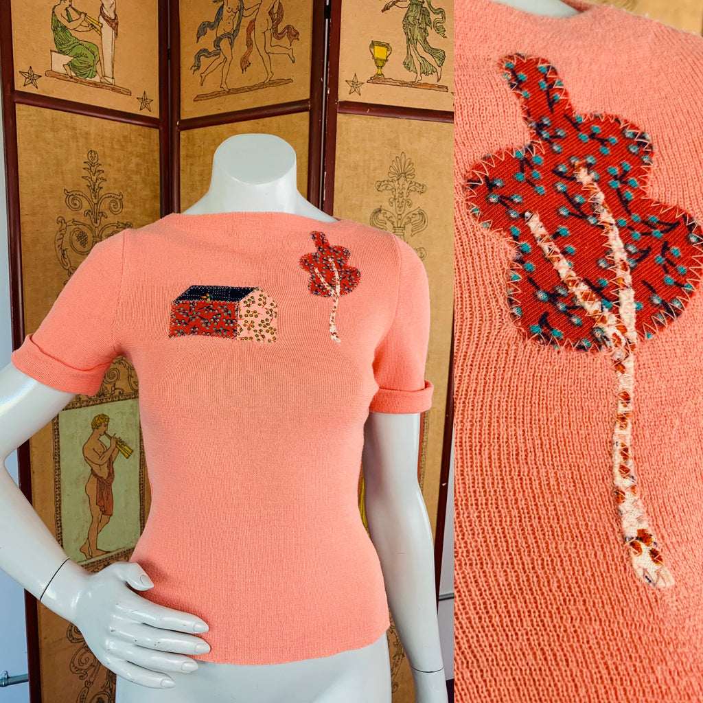 Peach 70s Folksy Knit T-Shirt — vintage 1970s top in orange
