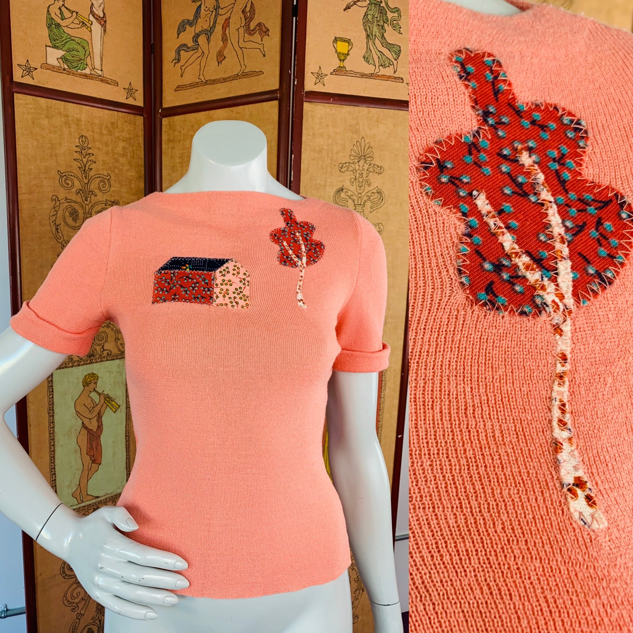 Peach 70s Folksy Knit T-Shirt — vintage 1970s top in orange
