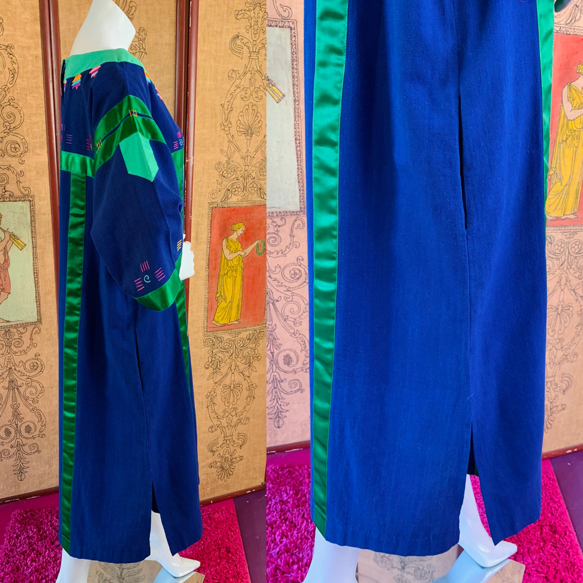 Irene Pulos Hand Embroidered Beaded Art to Wear Maxi Dress — vintage Irene Pulos dress in blue, multicolour