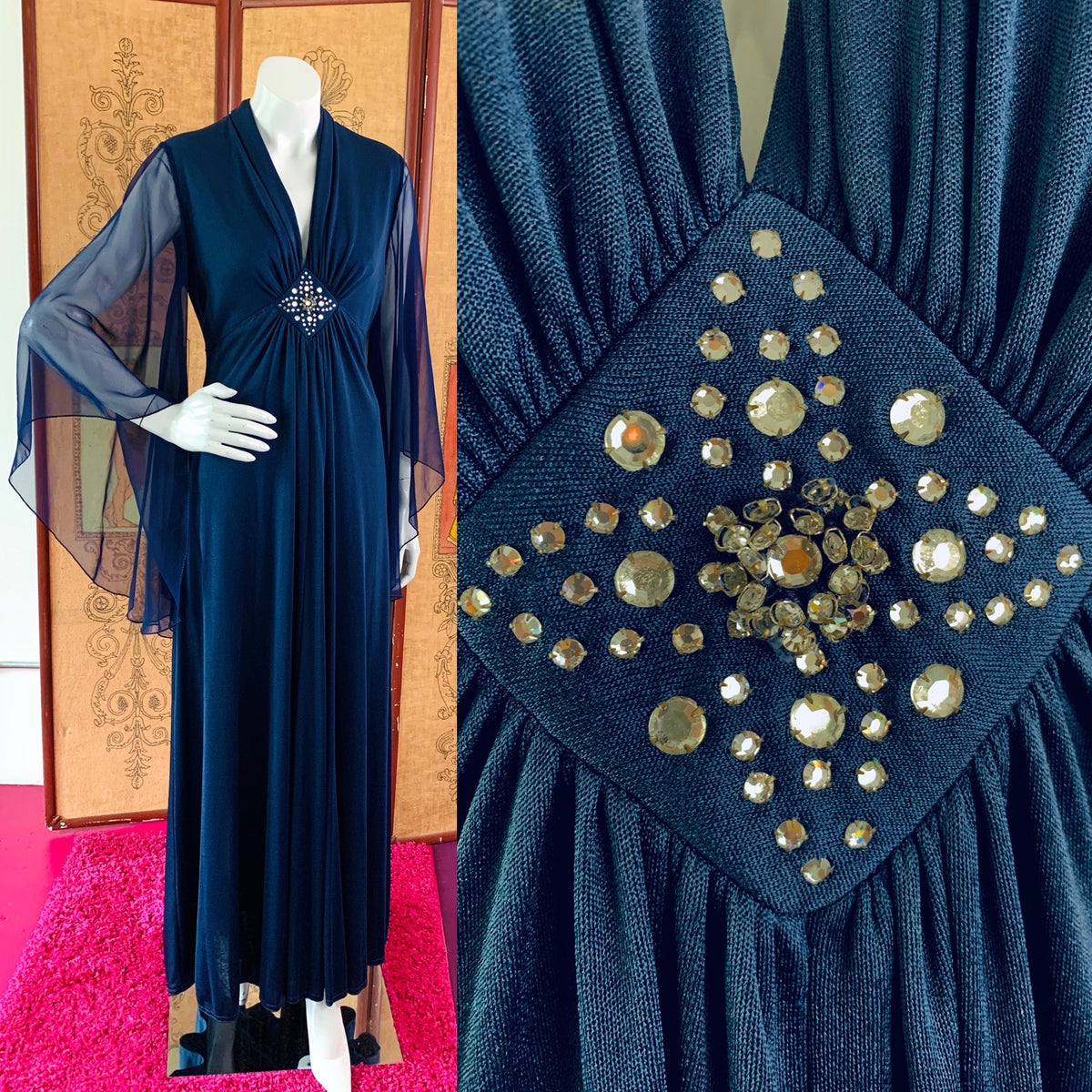 Dark Blue Angelic 1970s Maxi Dress — vintage 1970s dress in blue