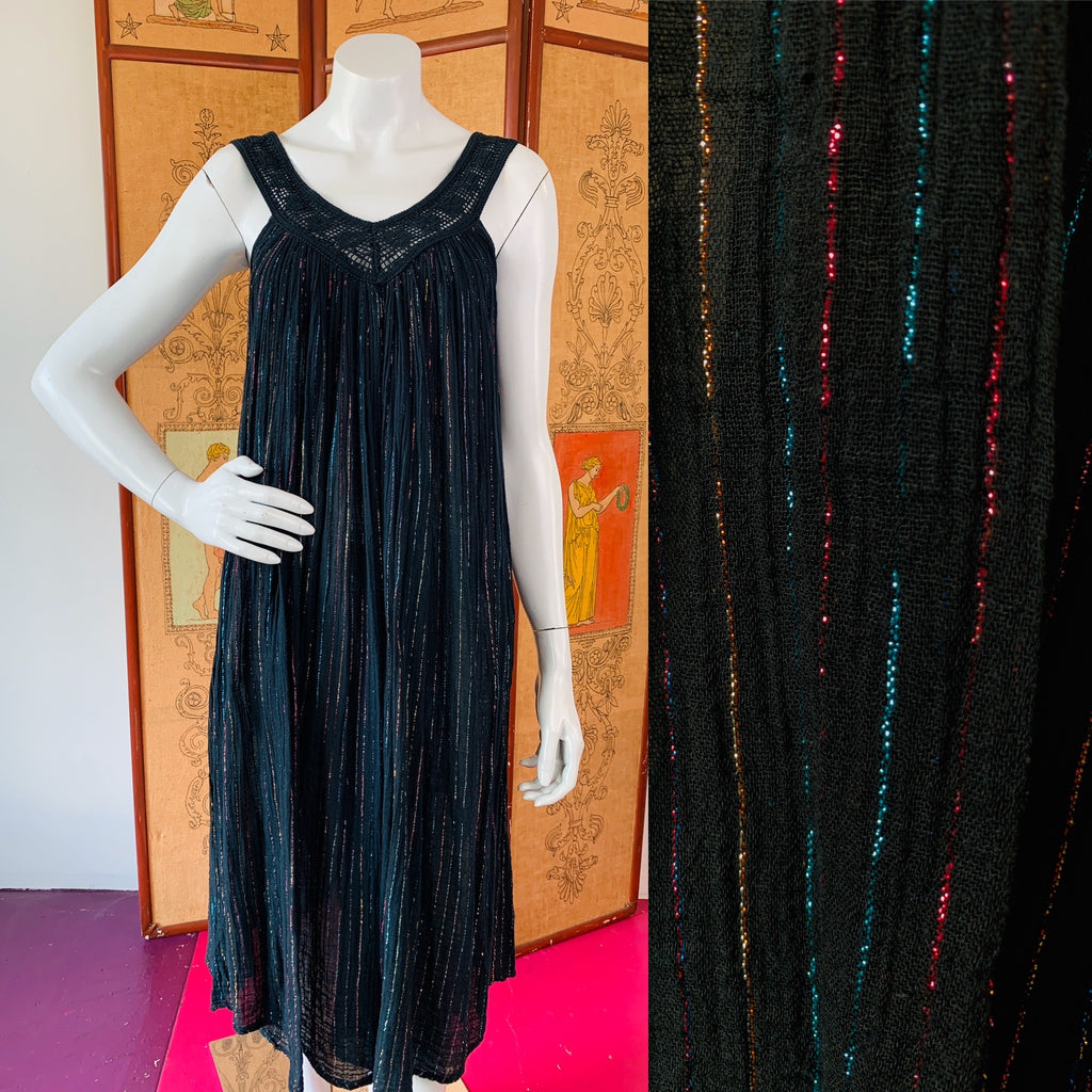 1970s Black Rainbow Cotton Gauze Metallic Dress — vintage 1970s dress in black, multicolour