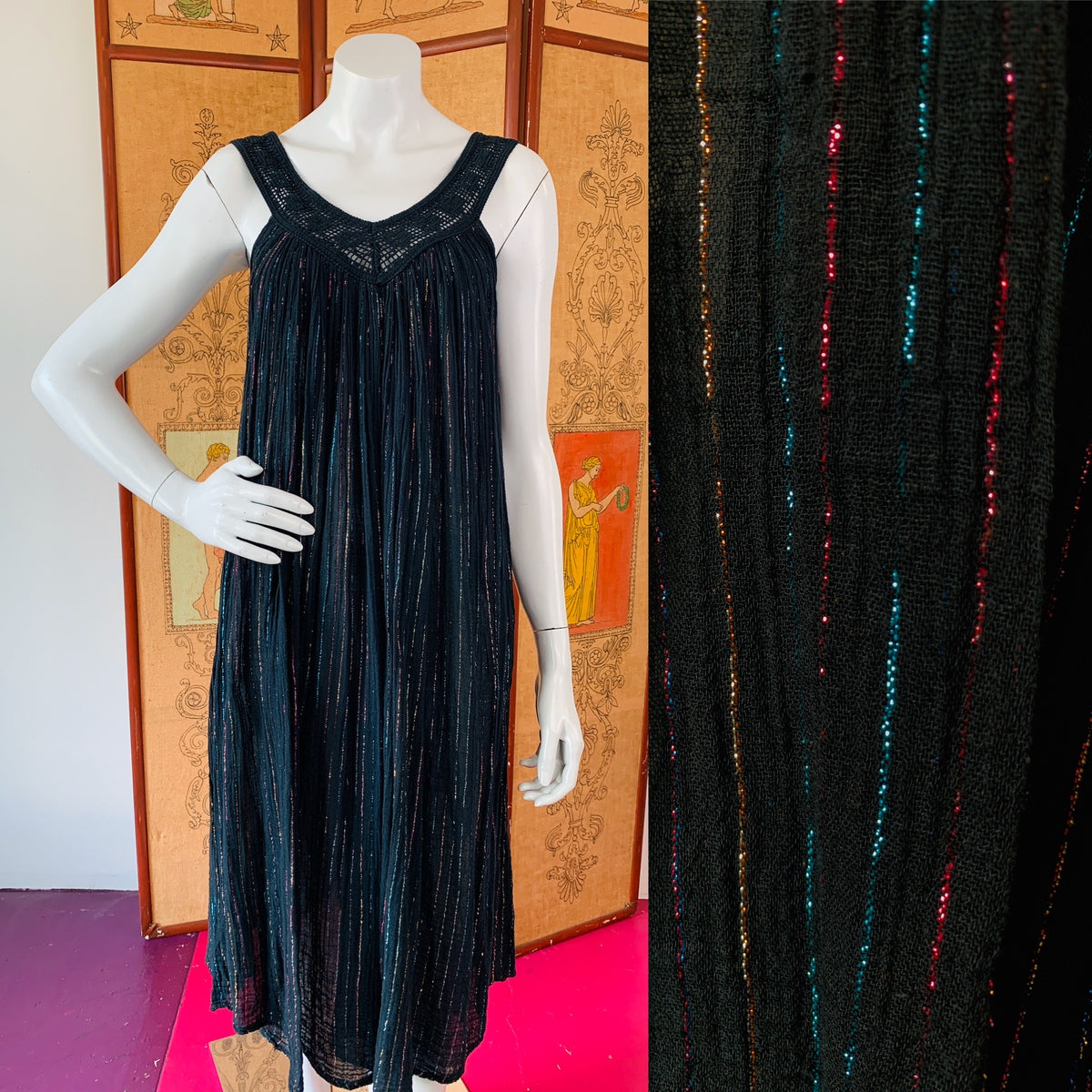 1970s Black Rainbow Cotton Gauze Metallic Dress — vintage 1970s dress in black, multicolour