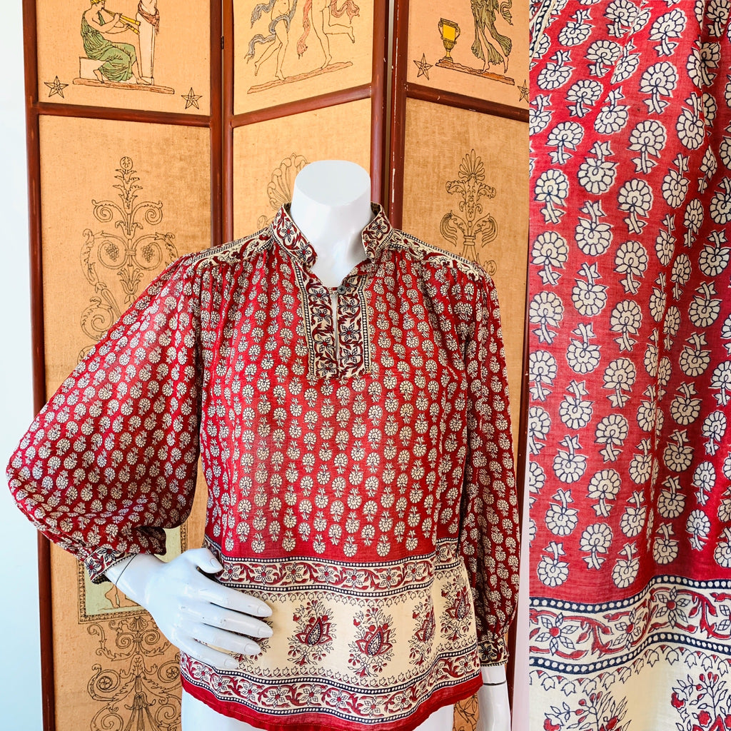Red & Cream Floral Balloon Sleeve Indian Cotton Blouse — vintage 1970s top in ivory, red