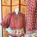 Red & Cream Floral Balloon Sleeve Indian Cotton Blouse — vintage 1970s top in ivory, red