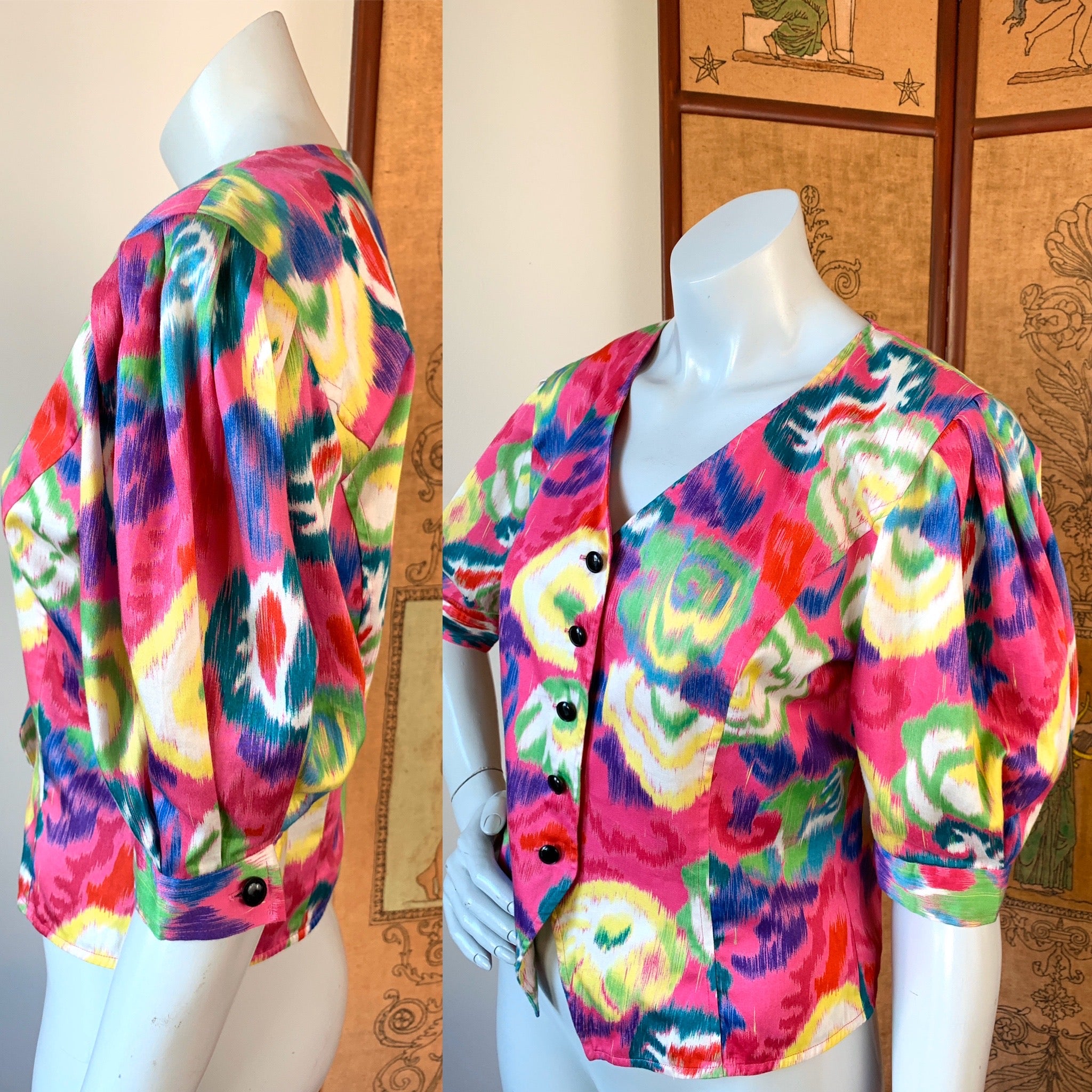 Ungaro Designer 90s Puff Sleeve Blouse — vintage 1990s Ungaro top in pink, multicolour