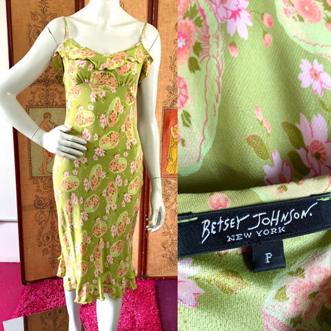 Sage Green Betsey Johnson 90s Pink Floral Satin Dress
