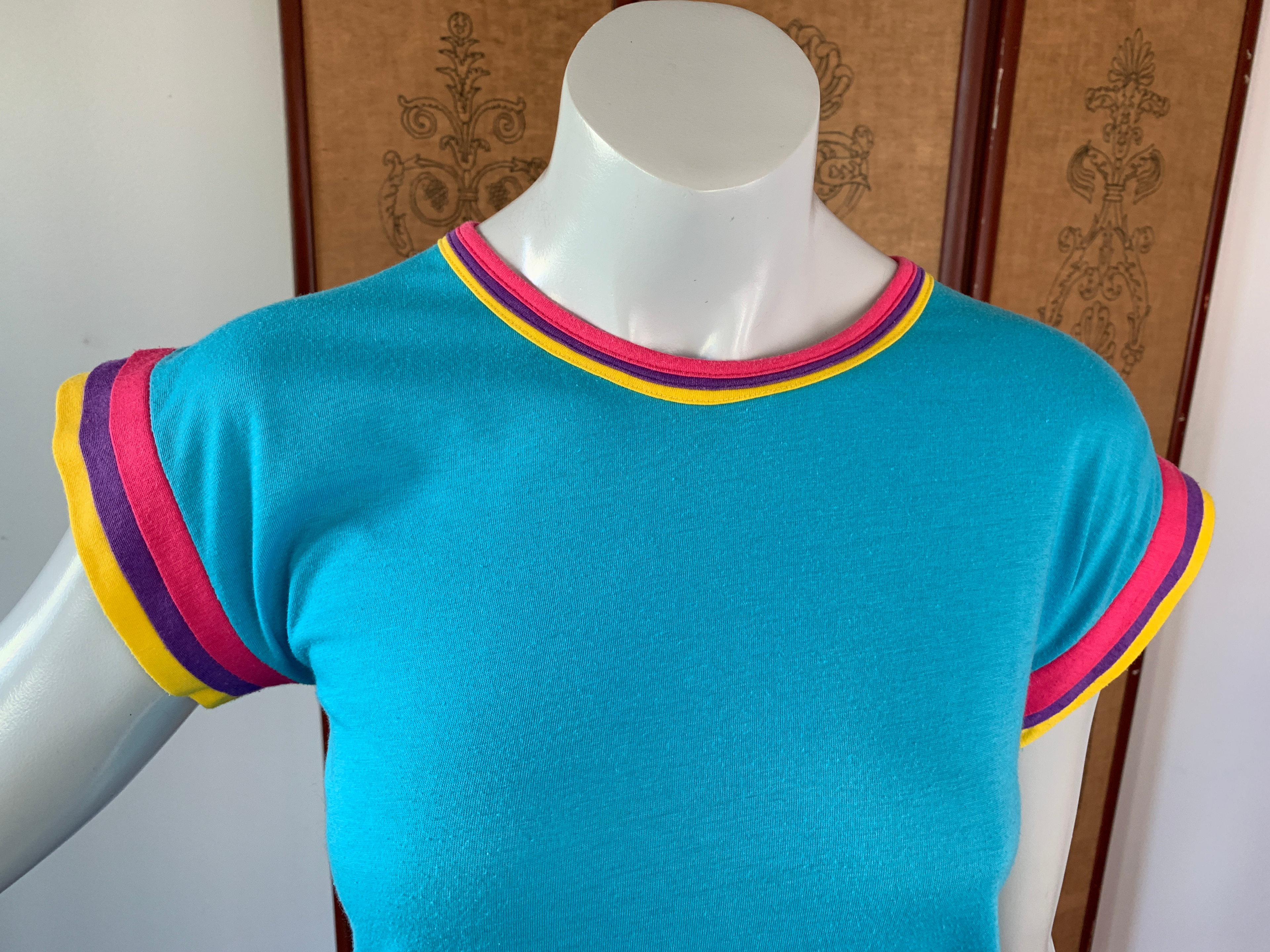 Turquoise Blue T-Shirt with Triple Layered Details — vintage 1990s top in blue