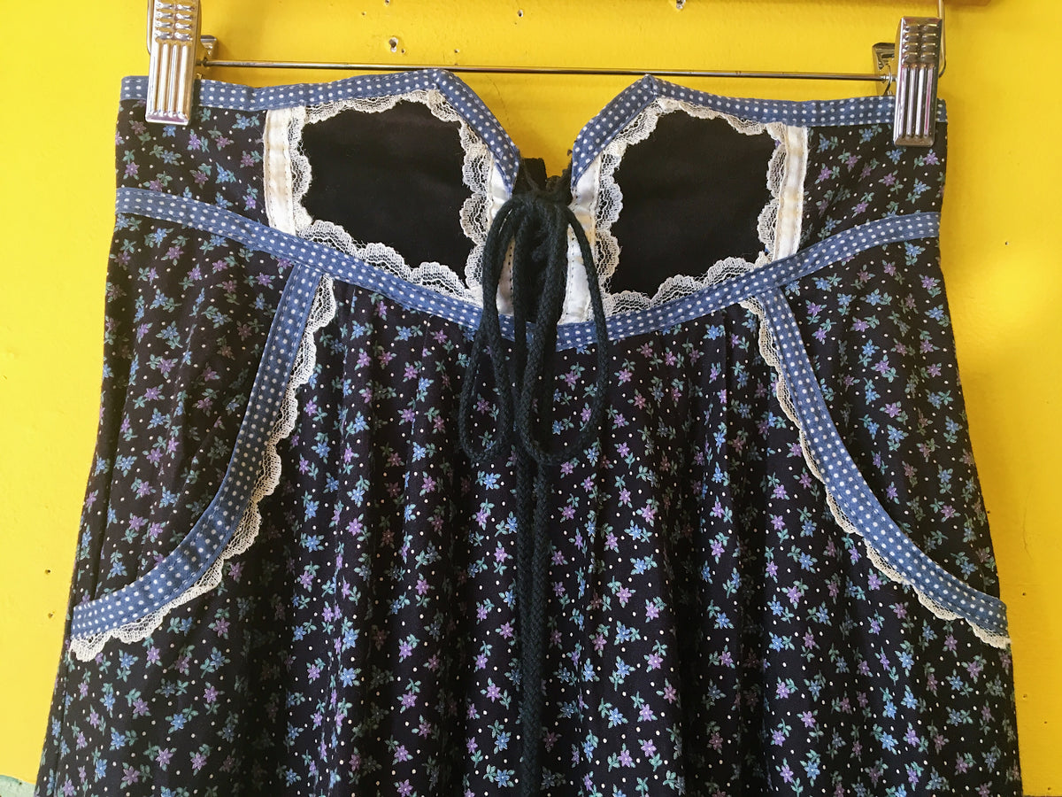 SOLD Navy Blue Floral Gunne Sax Skirt with Lace-Up Waistline — vintage Gunne Sax bottoms in blue