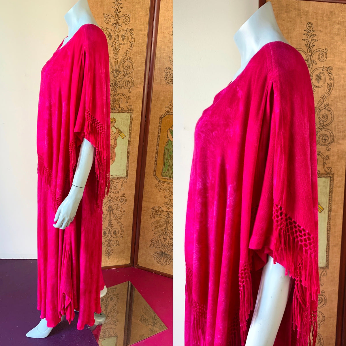 Moroccan Magenta Dyed Fringe Caftan — vintage dress in pink