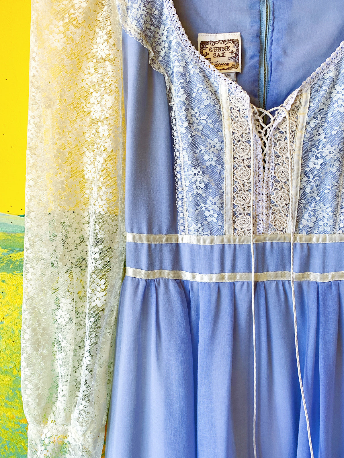 Powder Blue Lace Gunne Sax Long Sleeve Maxi Dress — vintage Gunne Sax dress in blue