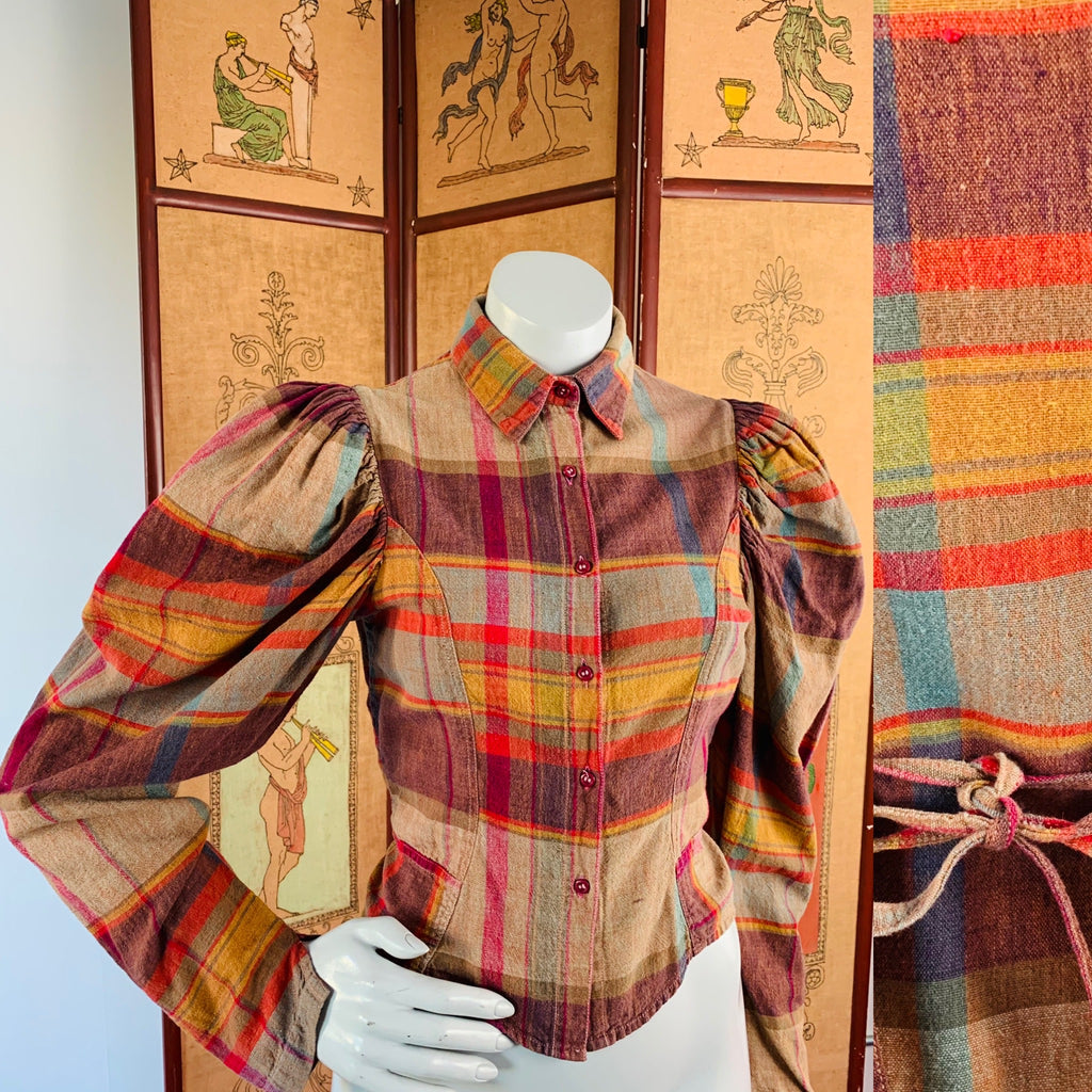 Indian Cotton Puff Sleeve Button Up Plaid Blouse — vintage top