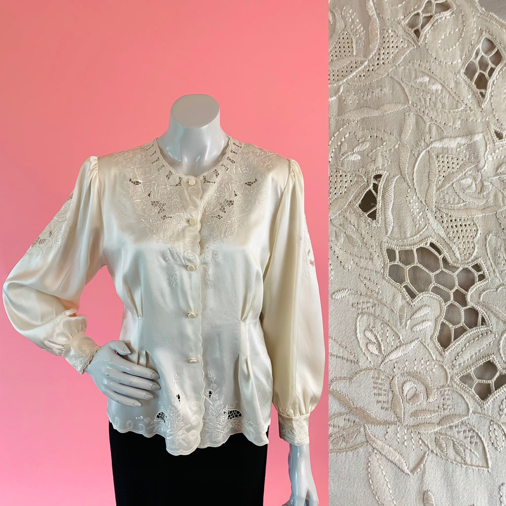 Pierre Cardin Creme Silk Cut Out Embroidered Blouse — vintage Pierre Cardin top