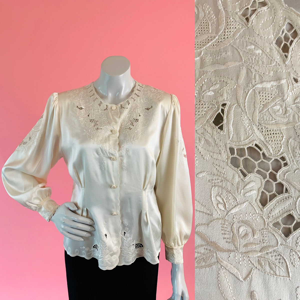 Pierre Cardin Creme Silk Cut Out Embroidered Blouse — vintage Pierre Cardin top