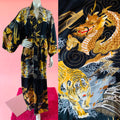 Japanese Tiger Dragon Gold Kimono Cotton Robe — vintage caftan in gold
