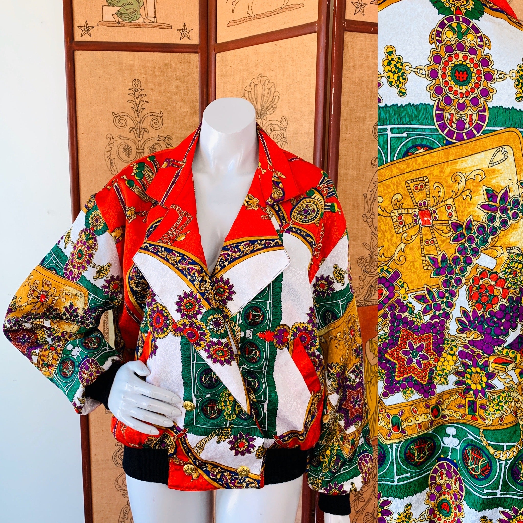 Royal Treasure Print 80s Jacket — vintage 1980s jacket in black, gold