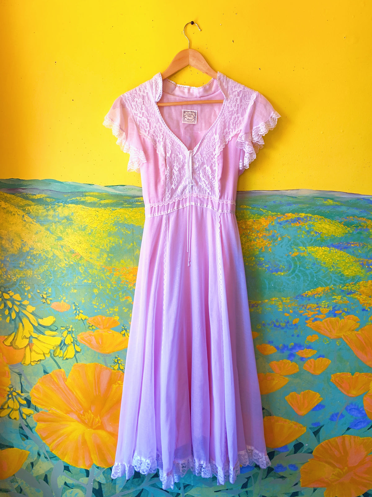 Pastel Pink Gunne Sax Short Sleeve Maxi Dress. Sold exclusively at Empress Vintage in Berkeley, CA.