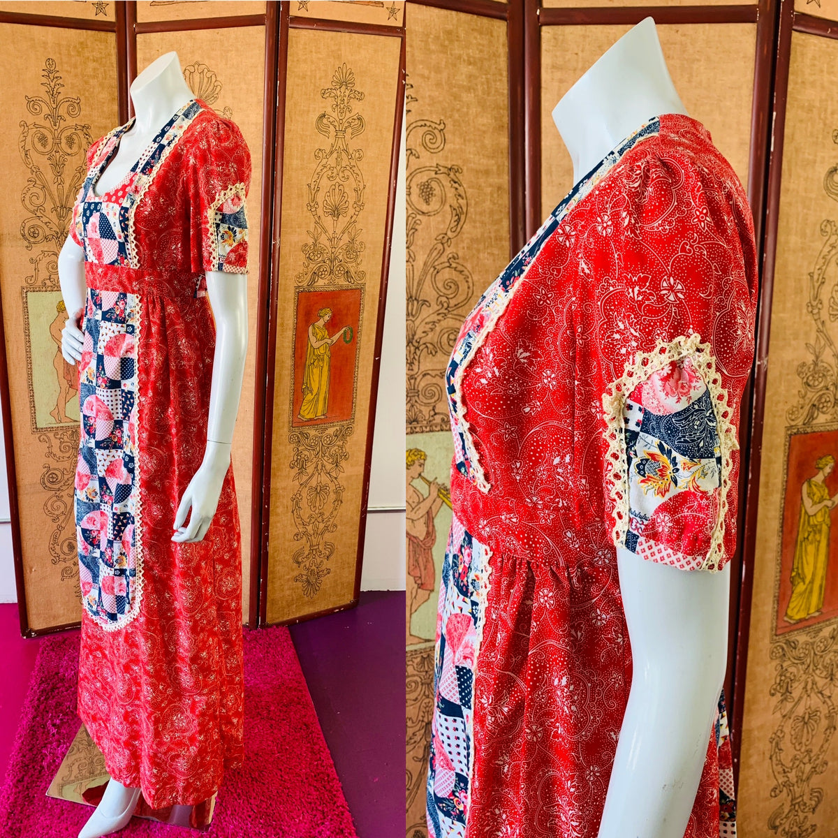 Red Paisley Patchwork Print 1970s Puff Sleeve Maxi Dress — vintage 1970s dress in red