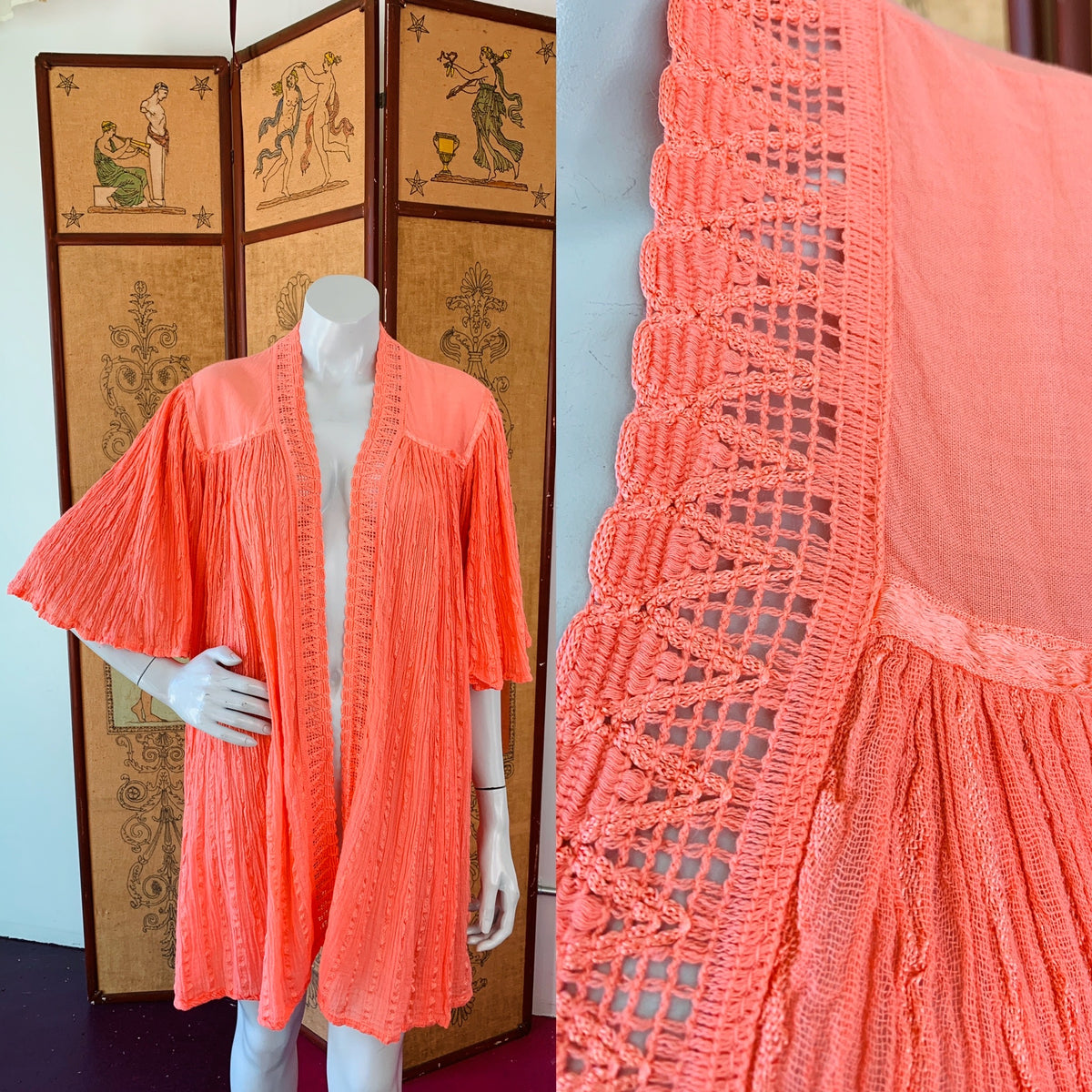 Pink Cotton Gauze Grecian Angel Sleeve Duster — vintage jacket in pink