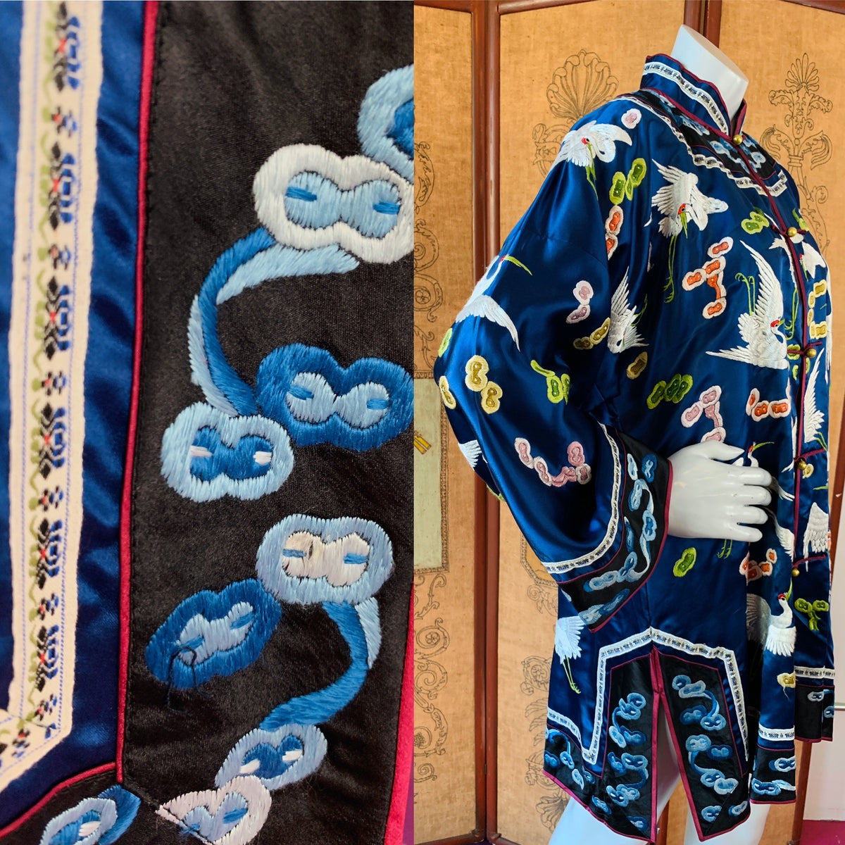 Embroidered Birds & Clouds Silk Chinese Robe — vintage dress in black, gold, blue