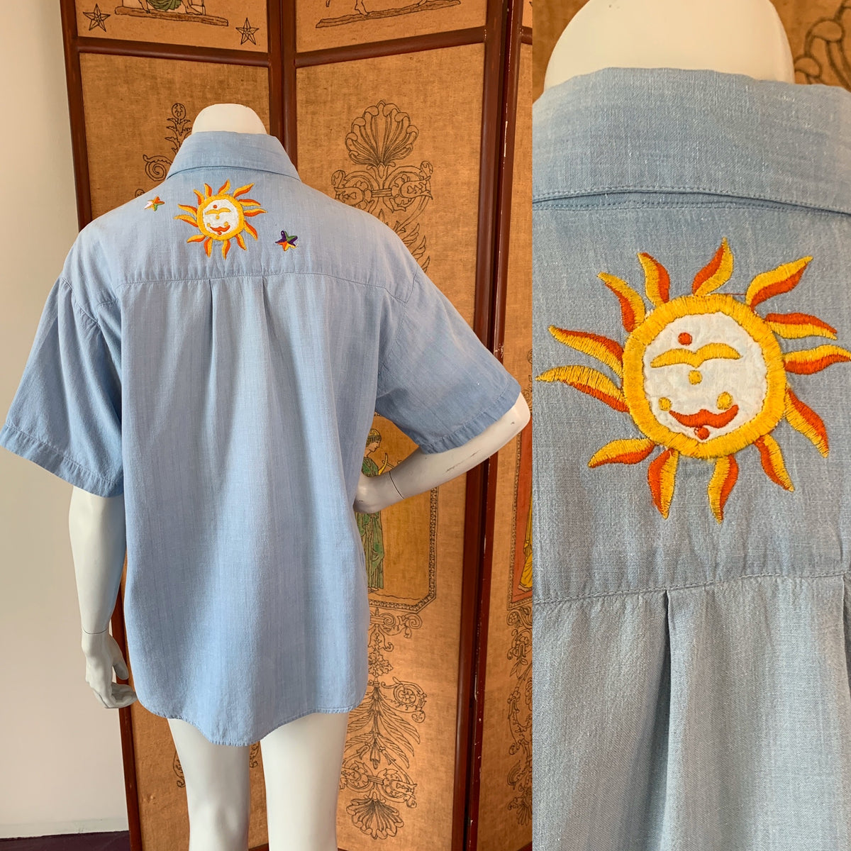 Bill Blass Celestial Embroidered Chambray Short Sleeve Button Up Shirt — vintage Bill Blass top
