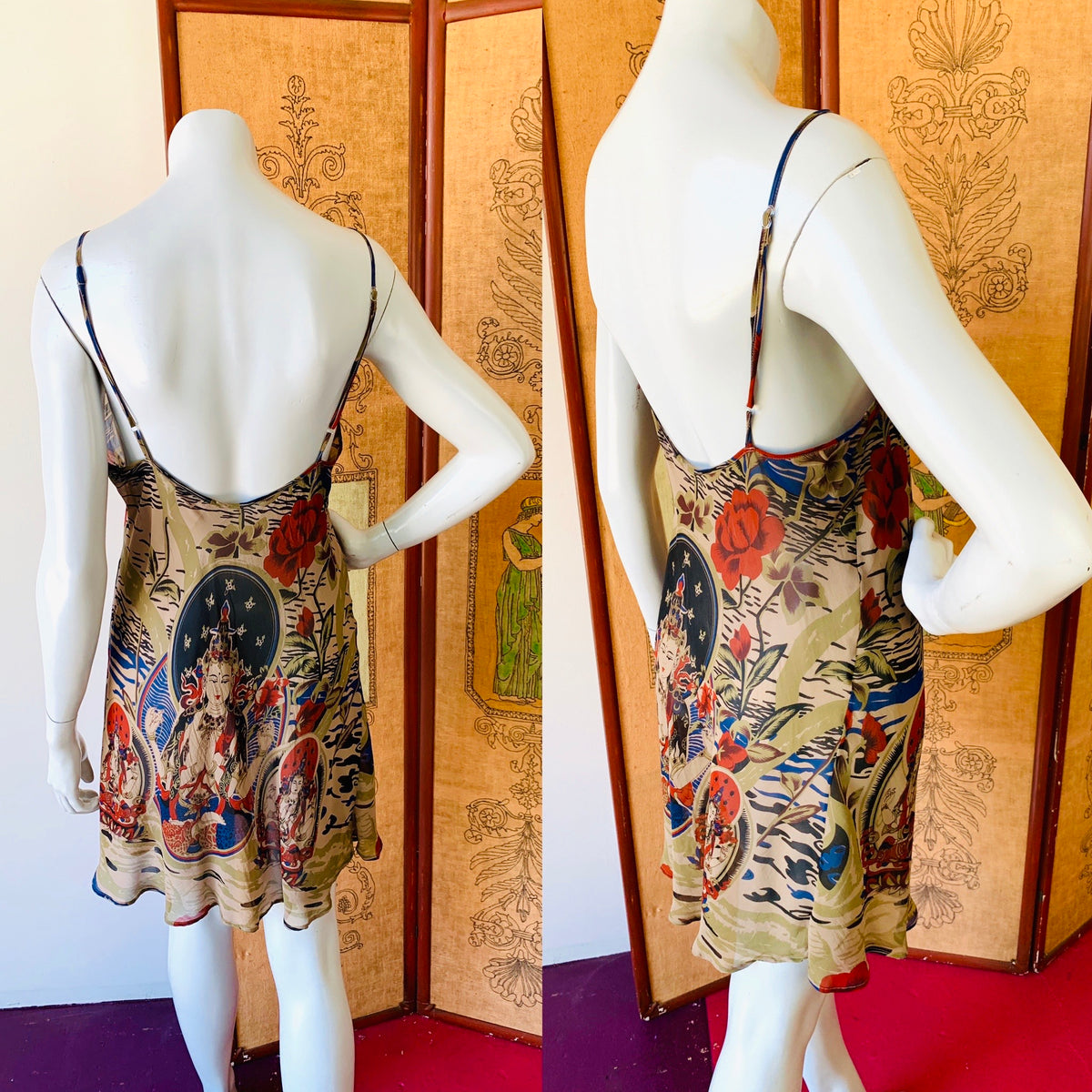 Buddhist Print Silk Sheer 90s Slip Dress — vintage 1990s dress in green