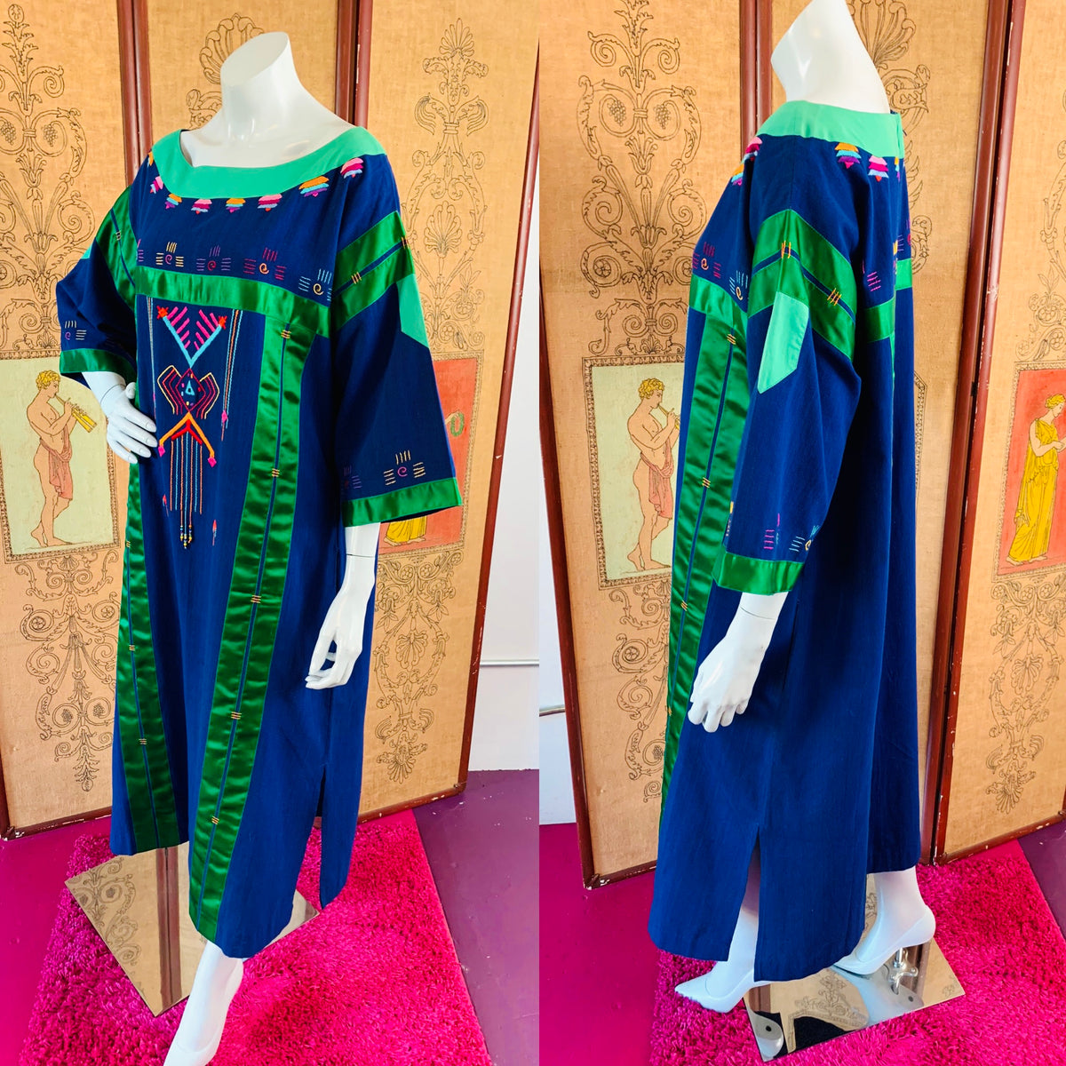 Irene Pulos Hand Embroidered Beaded Art to Wear Maxi Dress — vintage Irene Pulos dress in blue, multicolour
